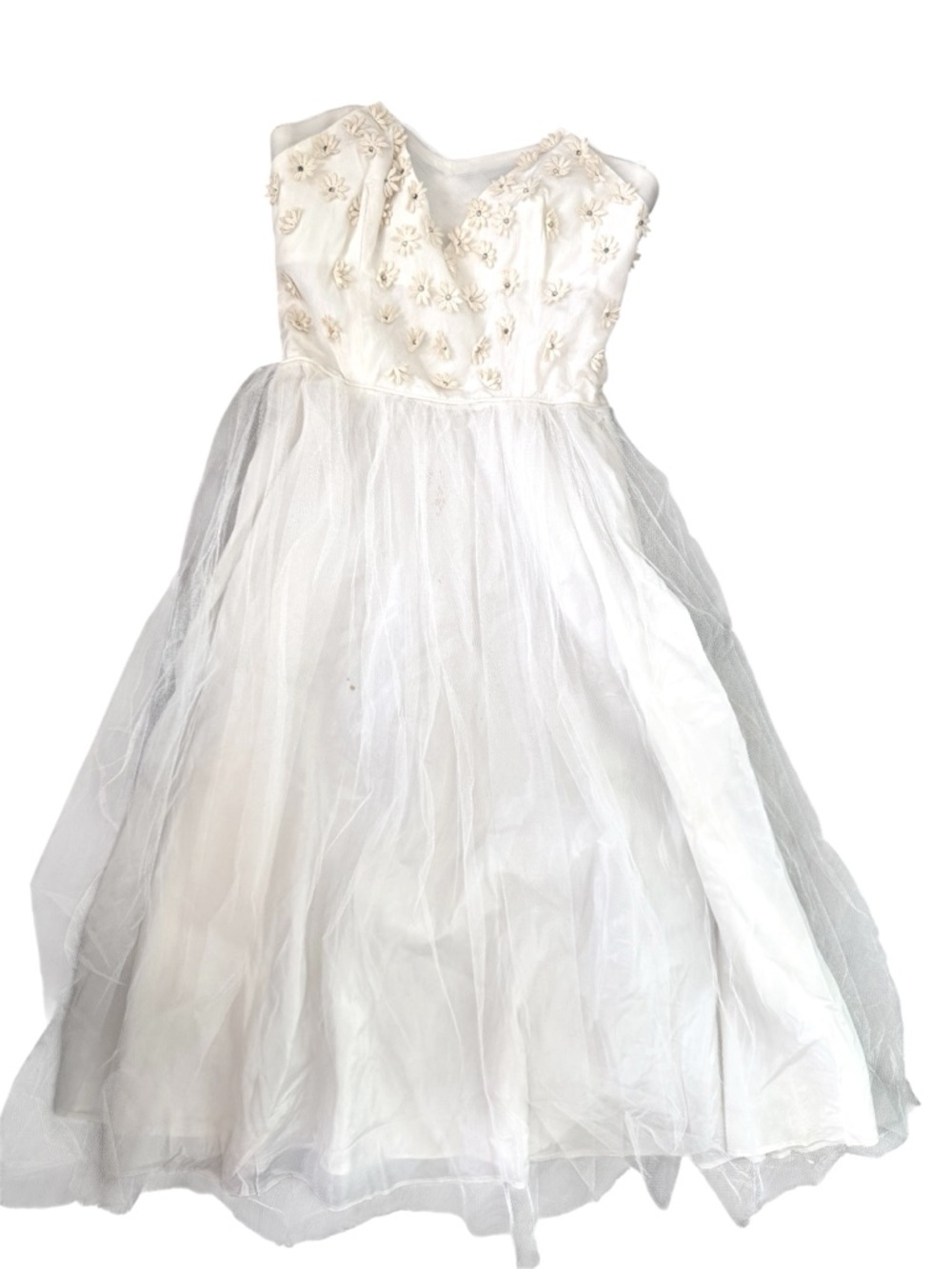 Vintage Strapless Dress Ivory Floral-Appliqué Tulle Bridal Debutante XS